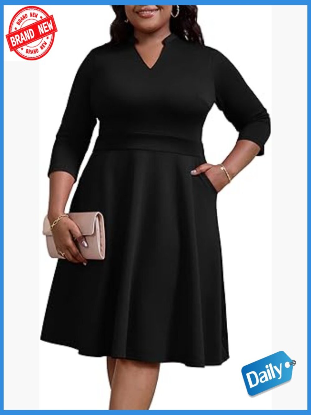 Plus Size 3/4 Sleeve V Neck Midi Dress with Pockets - Casual Wedding Guest